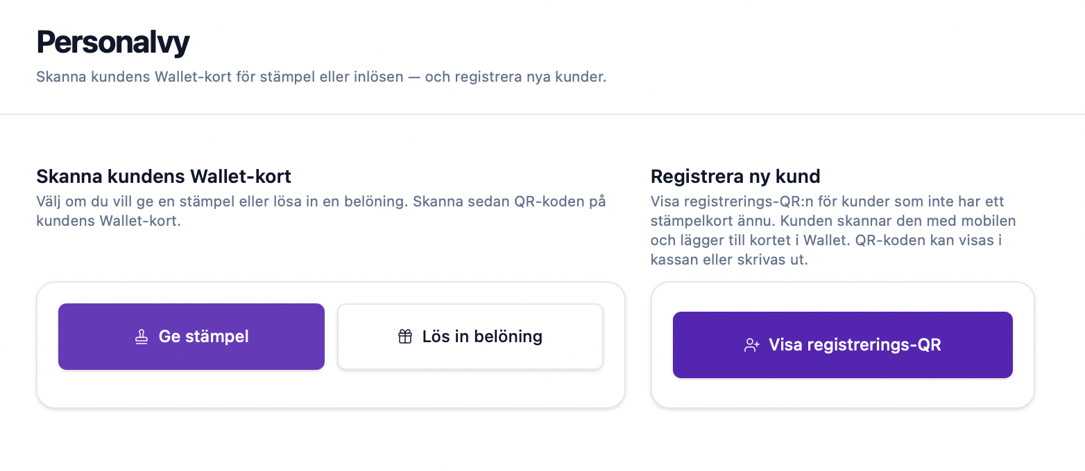 Stamplys Personalvy för att ge stämplar, lösa in belöningar och registrera kunder